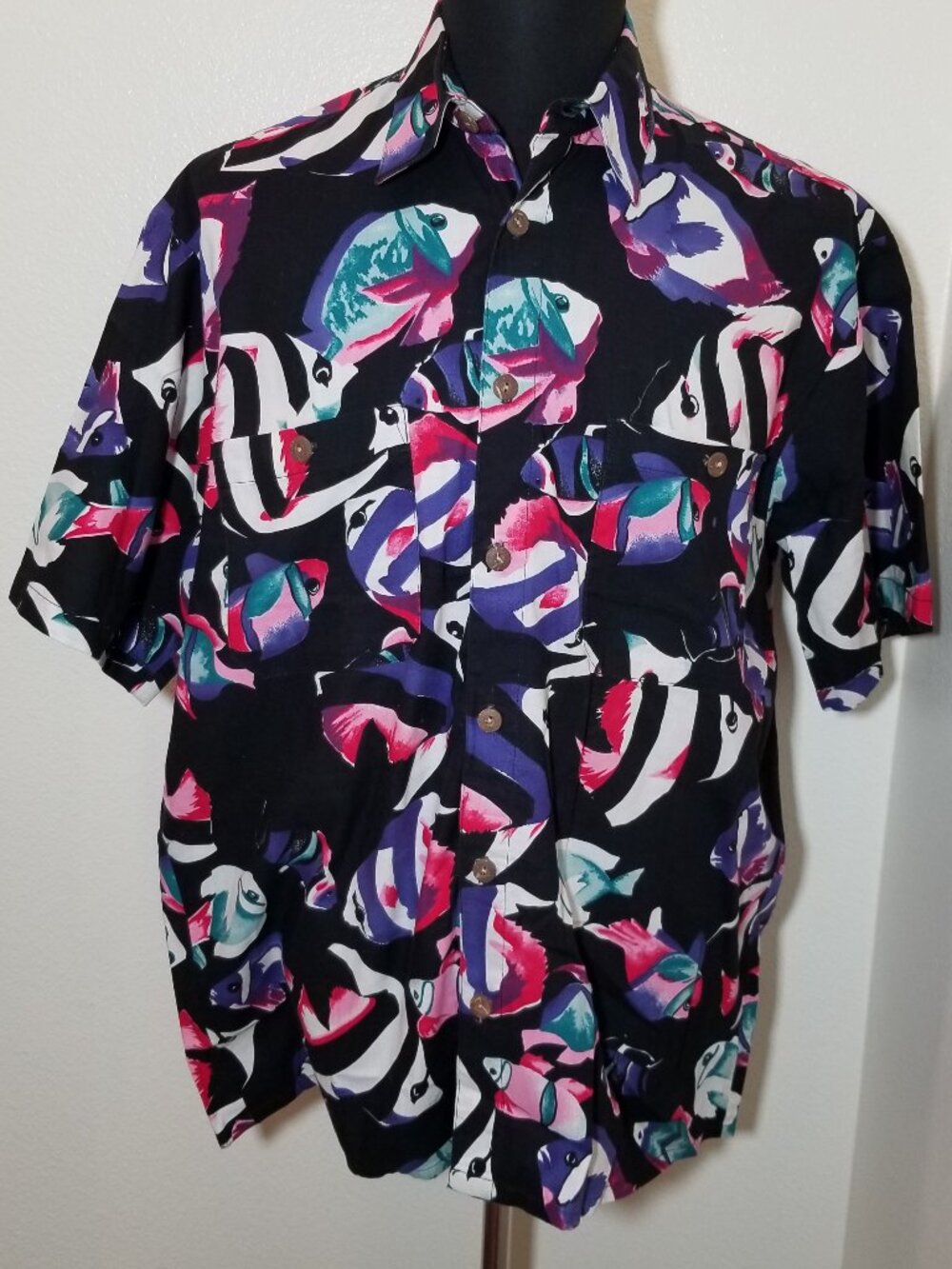 Vintage Fulton Street Mens LT Black Hawaiian Camp Shirt Colorful Fish 80's Beach
